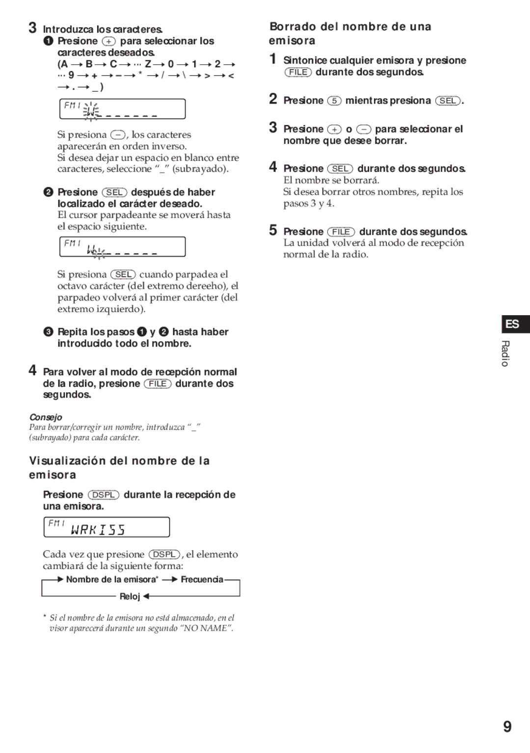 Sony XR-C450W manual Visualización del nombre de la emisora, Borrado del nombre de una emisora 