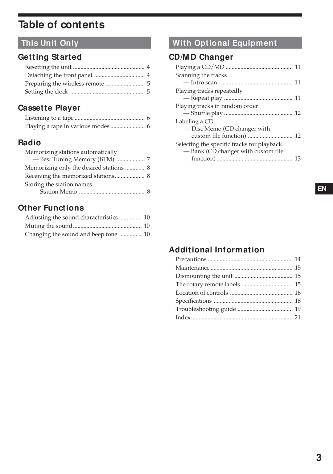 Sony XR-C450W manual Table of contents 