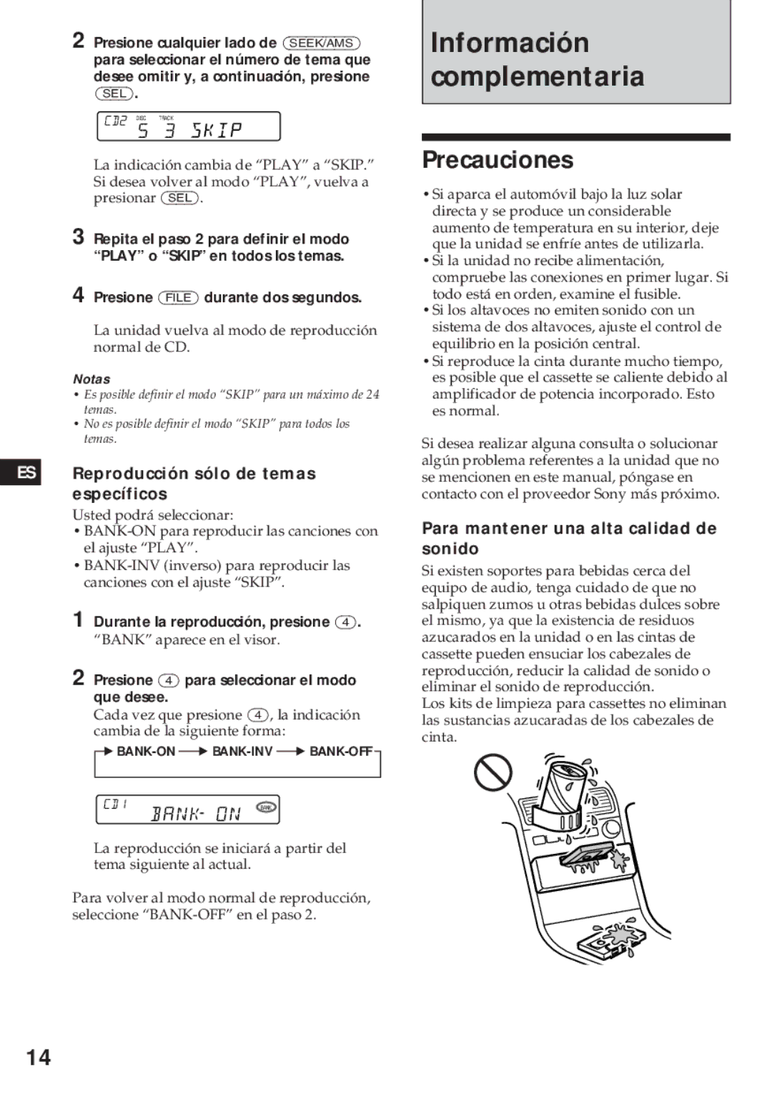 Sony XR-C450W manual Precauciones, ES Reproducción sólo de temas específicos, Para mantener una alta calidad de sonido 