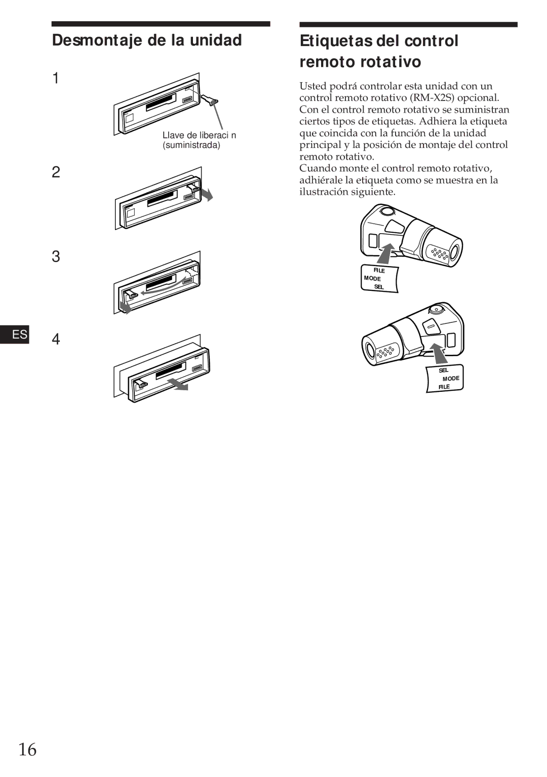 Sony XR-C450W manual Desmontaje de la unidad, Etiquetas del control remoto rotativo 