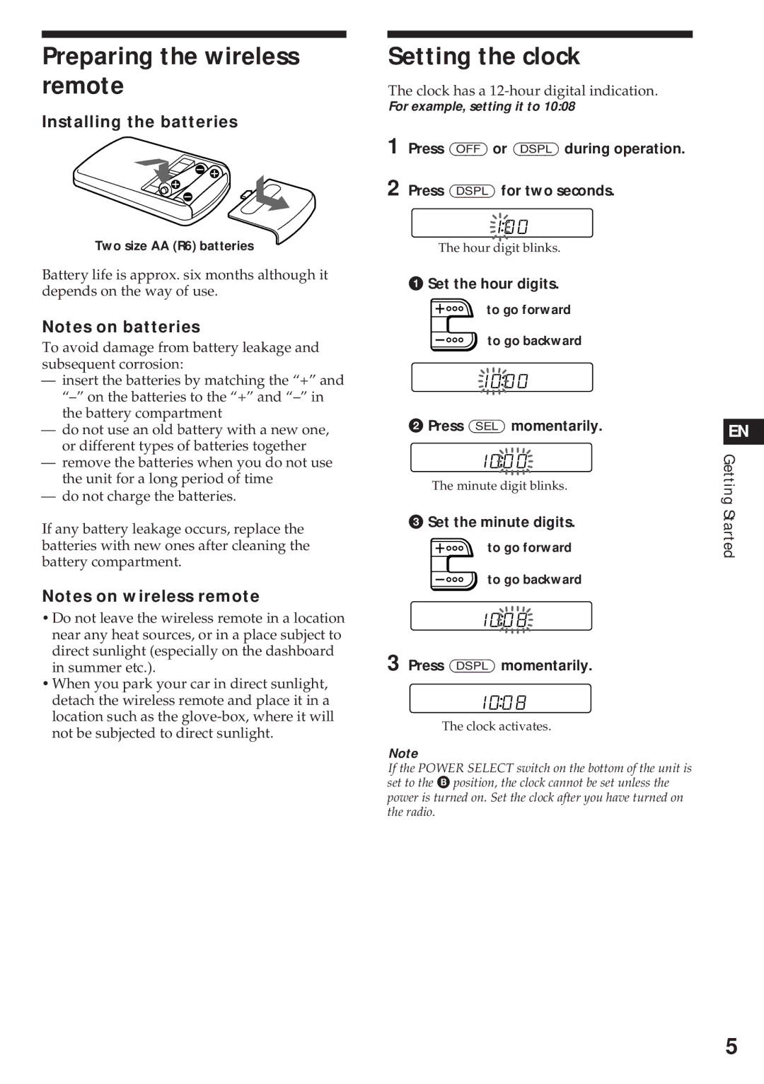 Sony XR-C450W manual Preparing the wireless remote, Setting the clock, Installing the batteries 