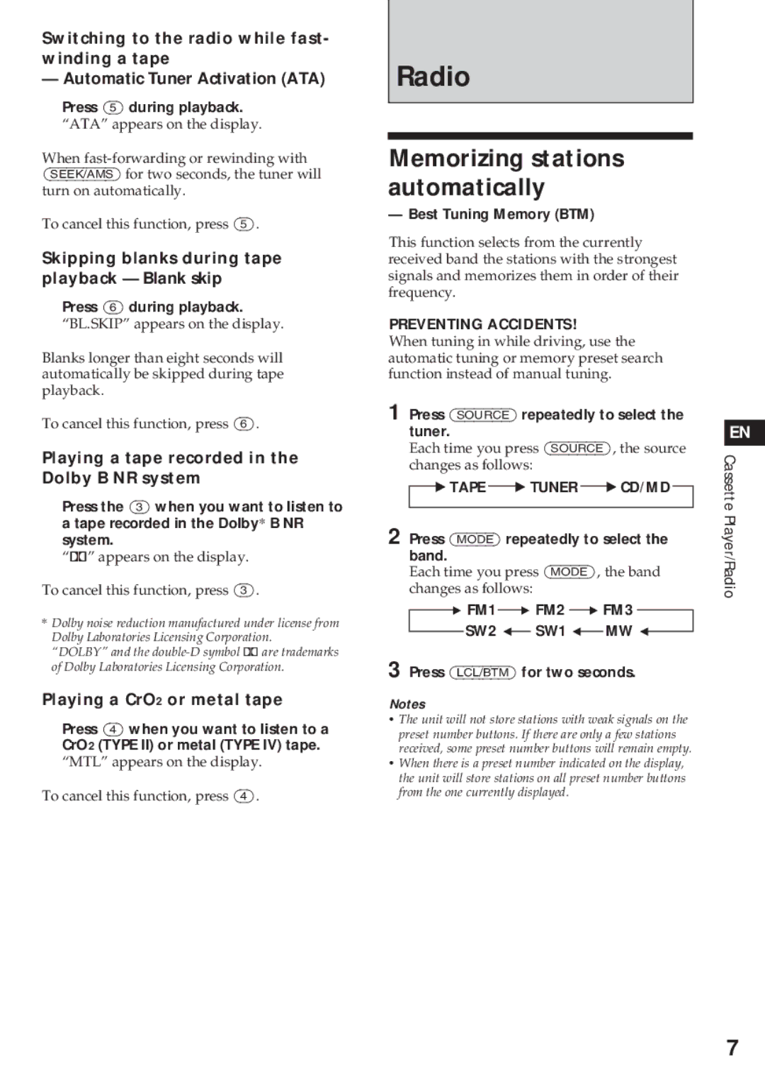 Sony XR-C450W manual Radio, Memorizing stations automatically 