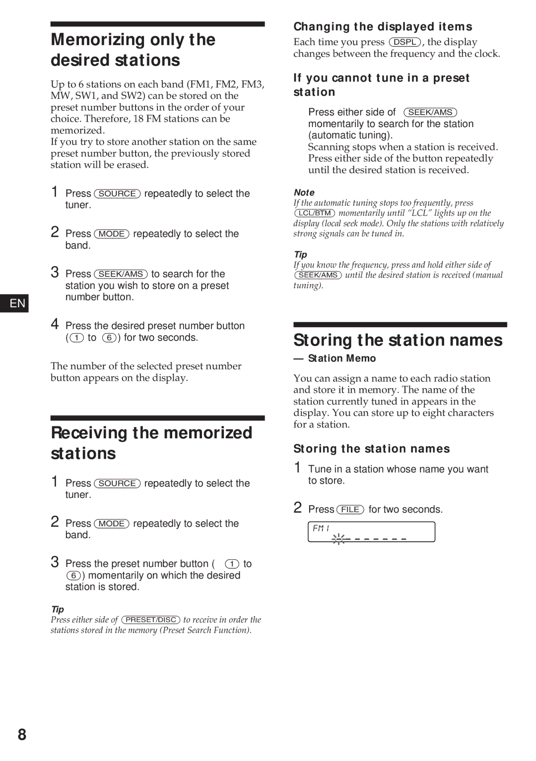 Sony XR-C450W manual Receiving the memorized stations, Storing the station names, If you cannot tune in a preset station 