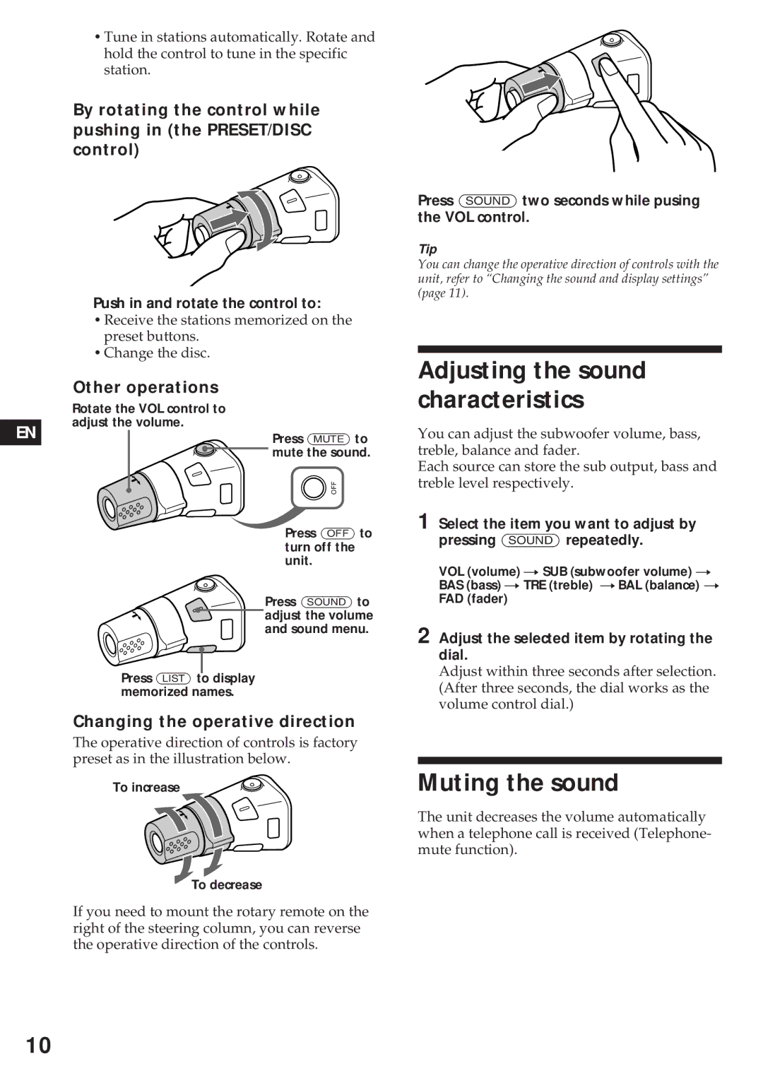 Sony XR-C750 Muting the sound, Adjusting the sound characteristics, Other operations, Changing the operative direction 