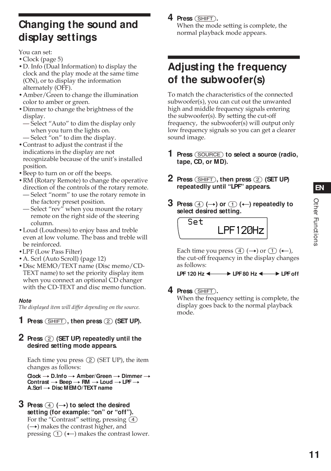 Sony XR-C750 operating instructions Changing the sound and display settings, Adjusting the frequency of the subwoofers 