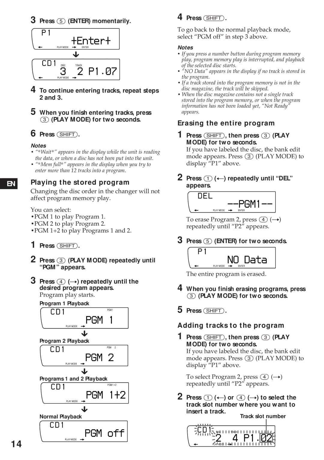 Sony XR-C750 operating instructions +Enter+, P1.â7, PGM1, No Data, P1.â2 