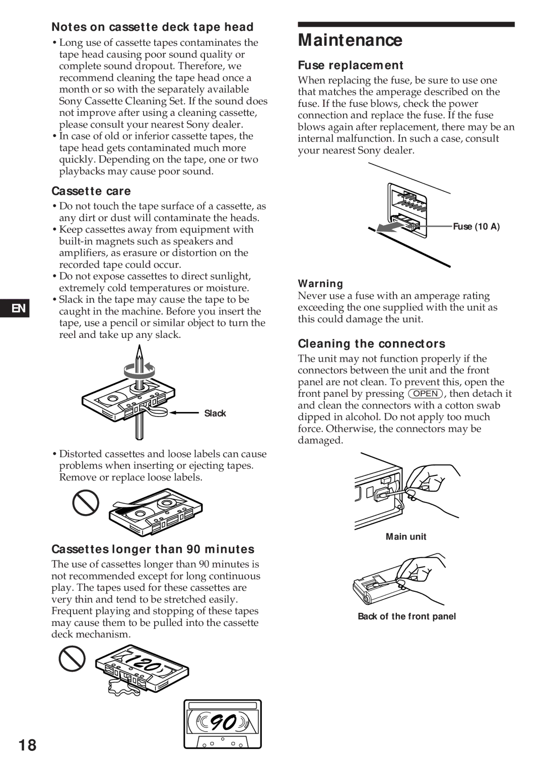 Sony XR-C750 Maintenance, Cassette care, Cassettes longer than 90 minutes, Fuse replacement, Cleaning the connectors 