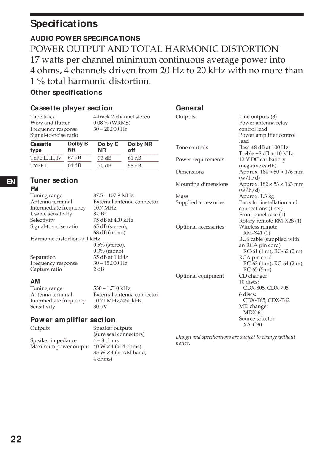 Sony XR-C750 Specifications, Other specifications Cassette player section, Tuner section, Power amplifier section, General 