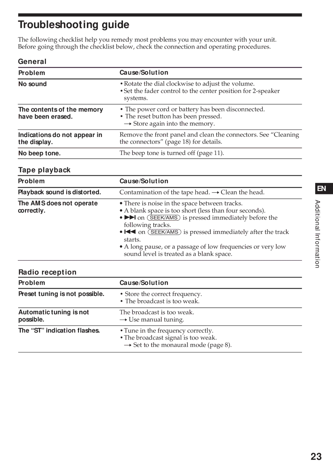 Sony XR-C750 operating instructions Troubleshooting guide, Tape playback, Radio reception 