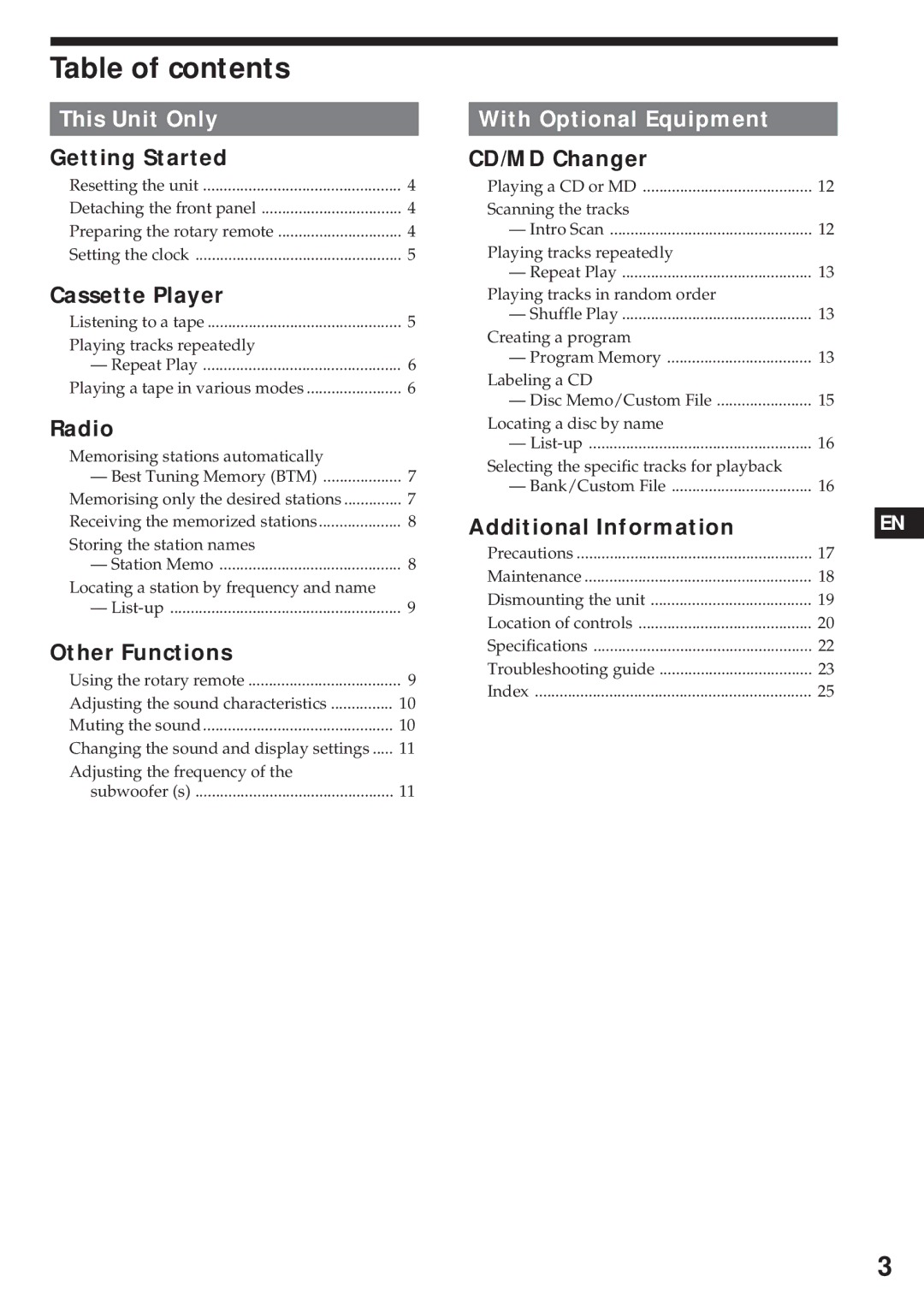 Sony XR-C750 operating instructions Table of contents 