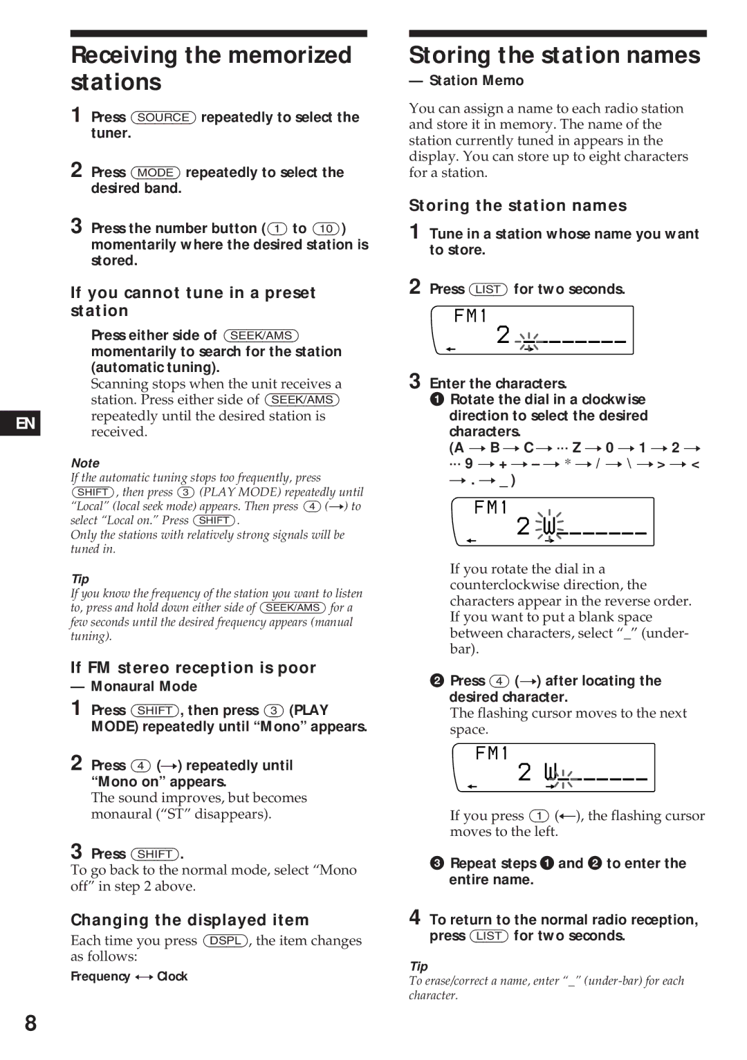 Sony XR-C750 operating instructions Receiving the memorized stations, Storing the station names 