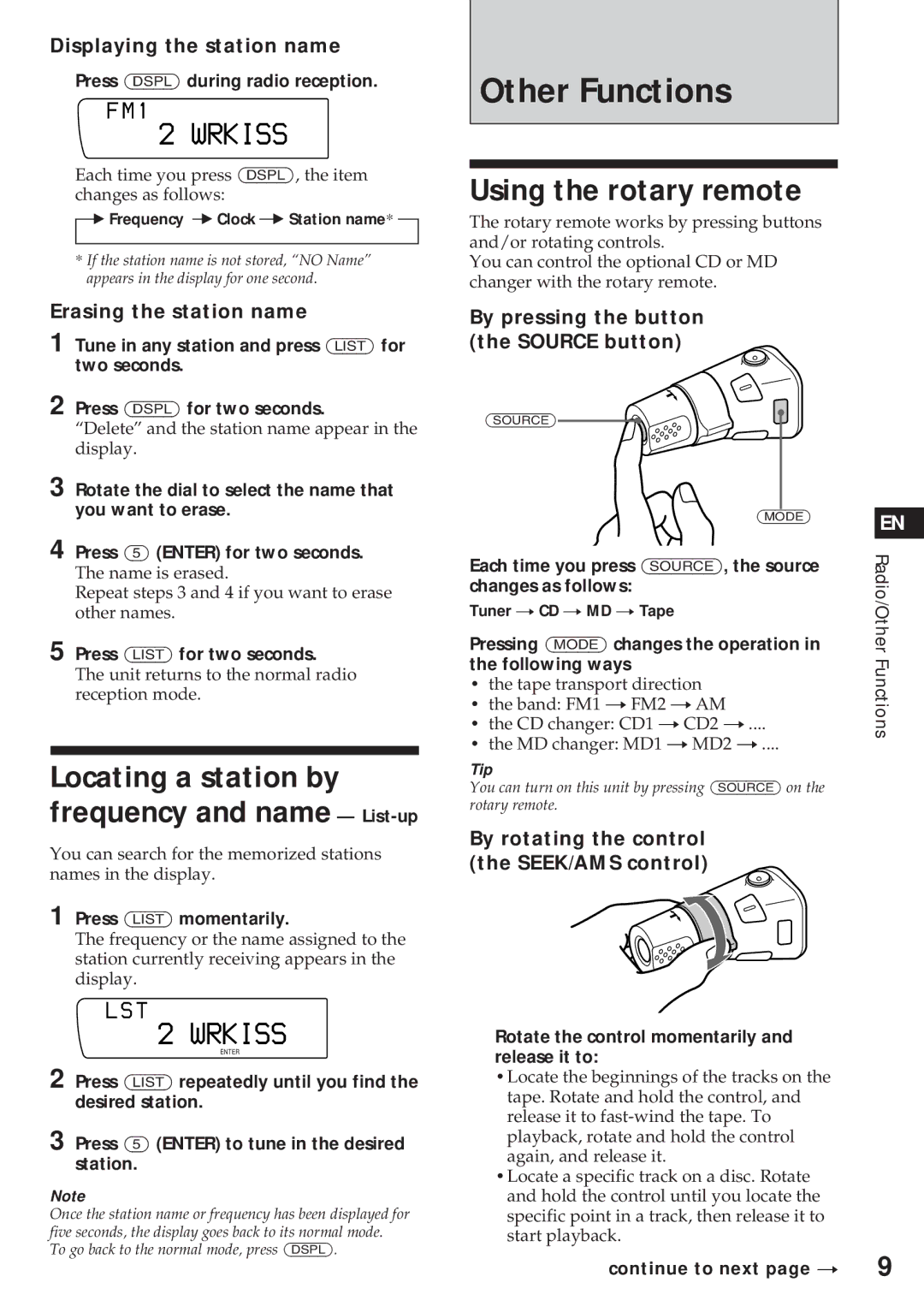 Sony XR-C750 Other Functions, Using the rotary remote, Locating a station by frequency and name List-up 