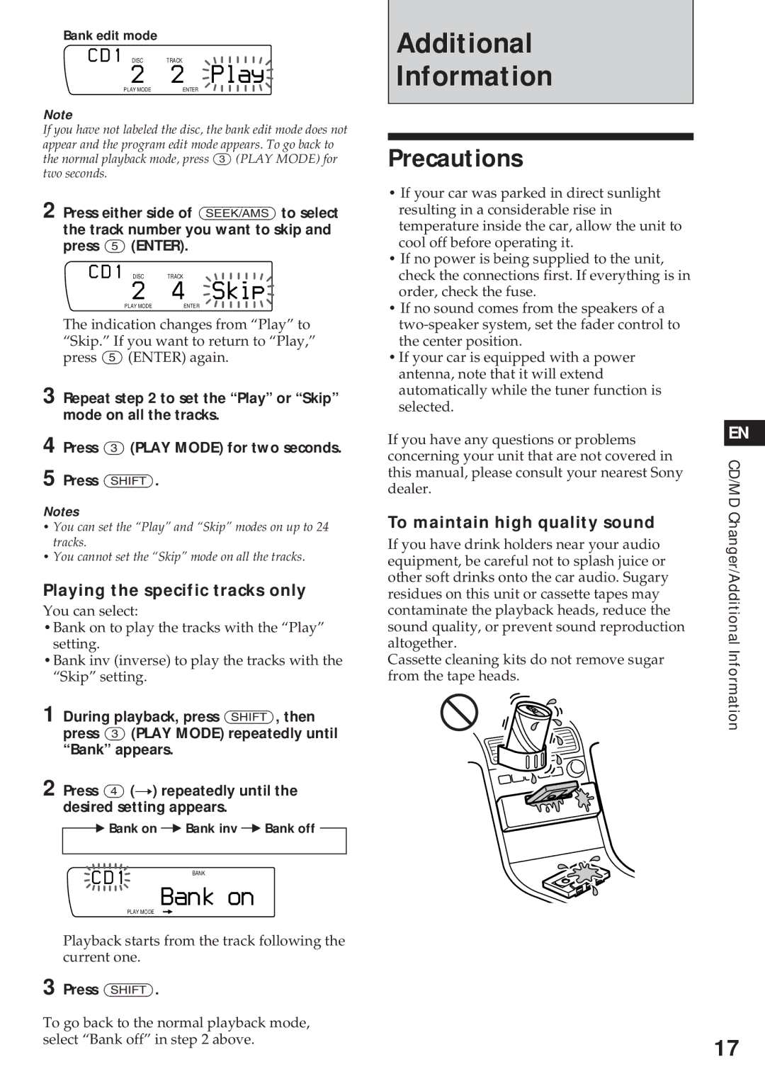 Sony XR-C750 operating instructions Additional Information, Precautions, Play, Skip, Bank on 