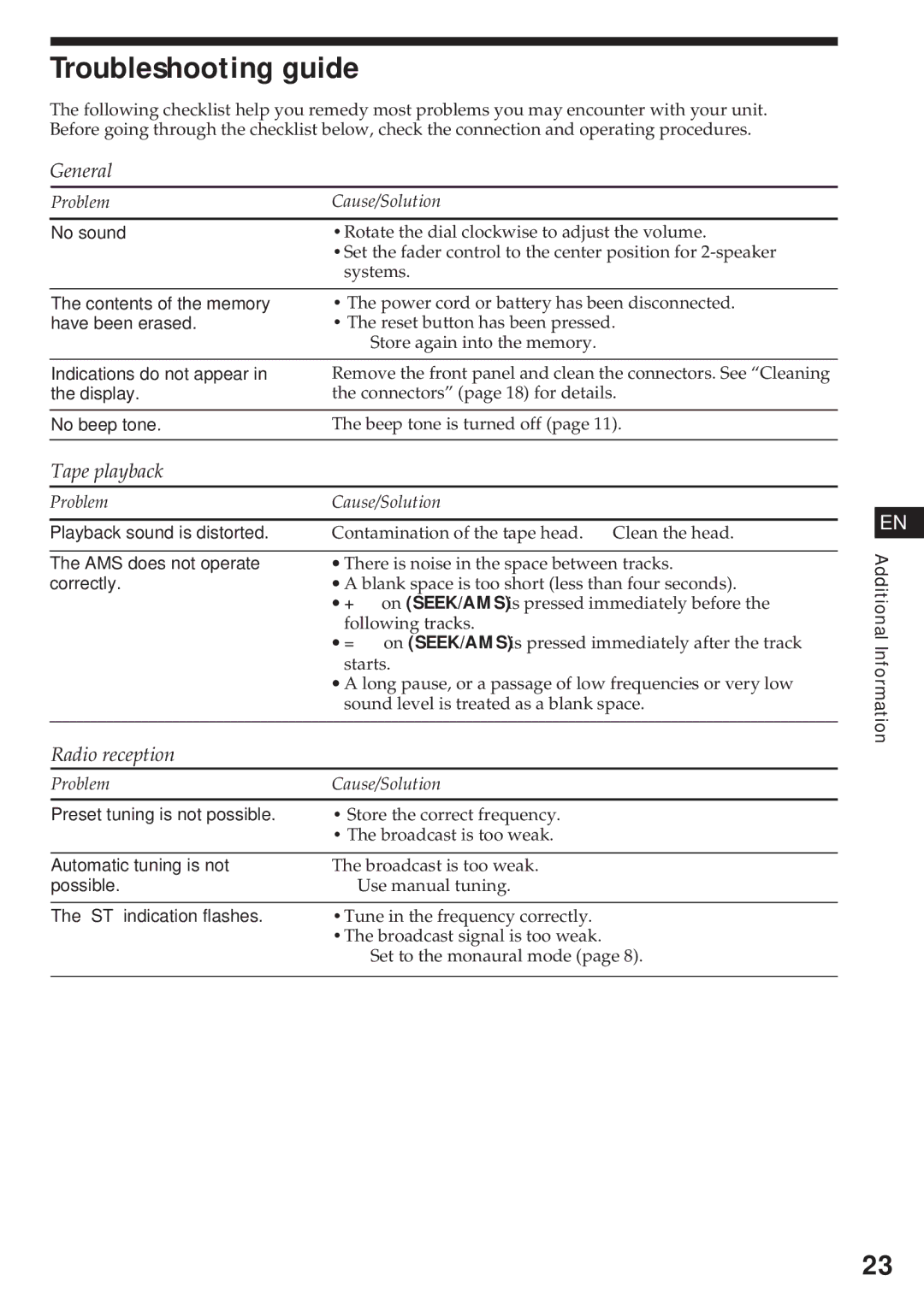 Sony XR-C750 operating instructions Troubleshooting guide, Tape playback, Radio reception 