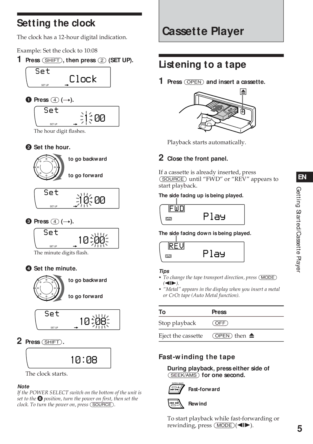 Sony XR-C750 operating instructions Cassette Player, Setting the clock, Listening to a tape 