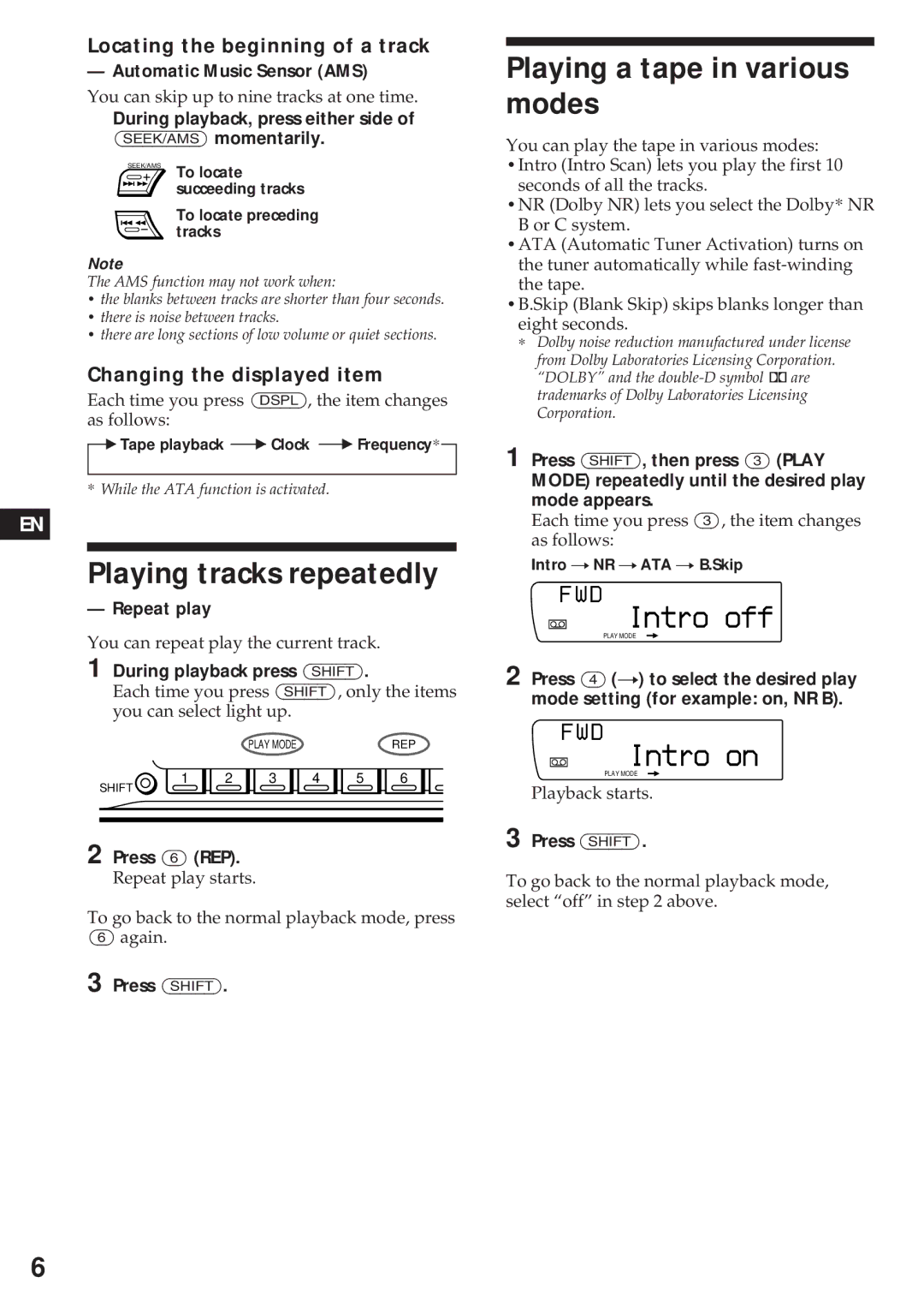 Sony XR-C750 operating instructions Playing tracks repeatedly, Playing a tape in various modes, Intro off, Intro on 