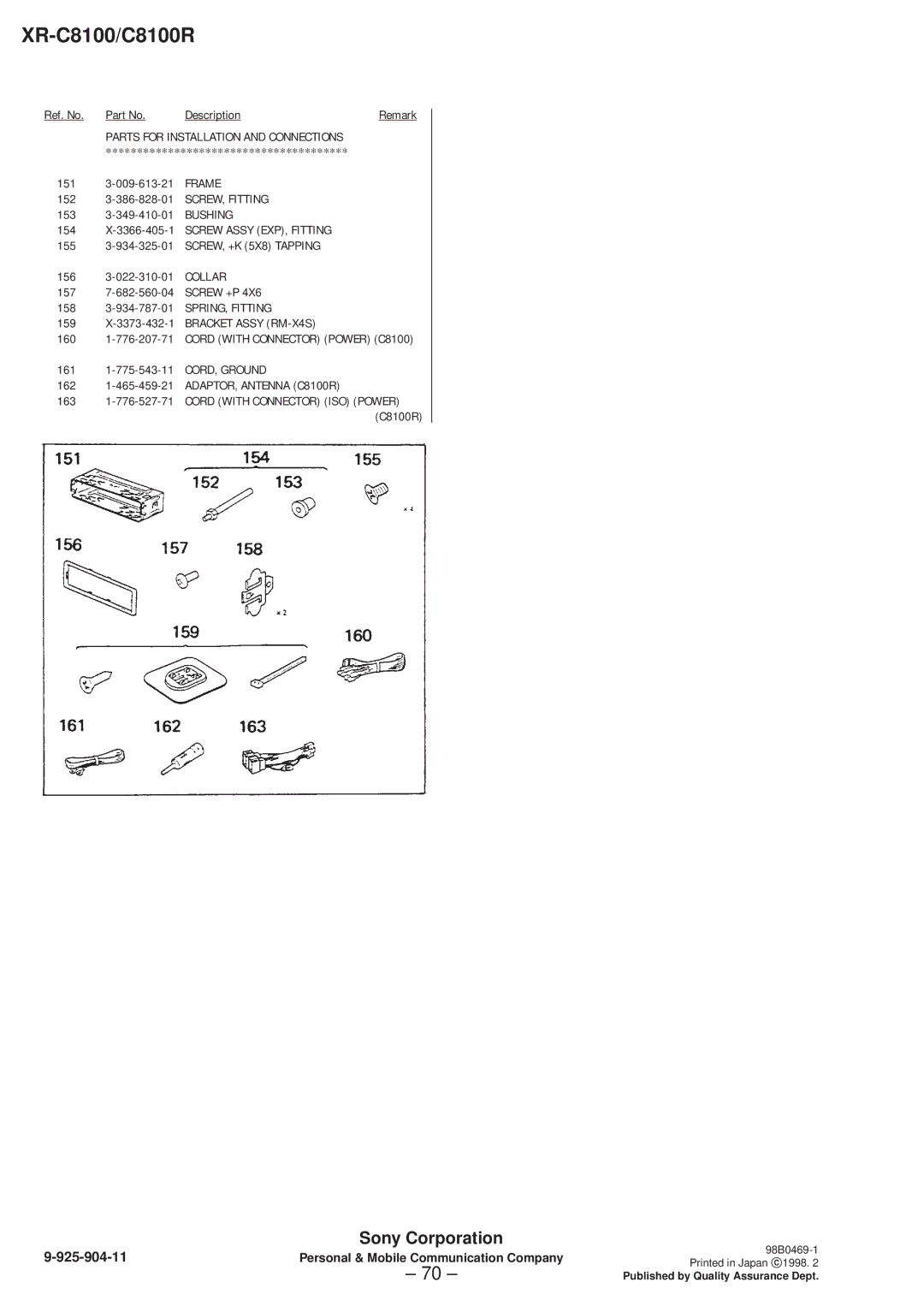 Sony XR-C8100R service manual Sony Corporation, Parts for Installation and Connections 