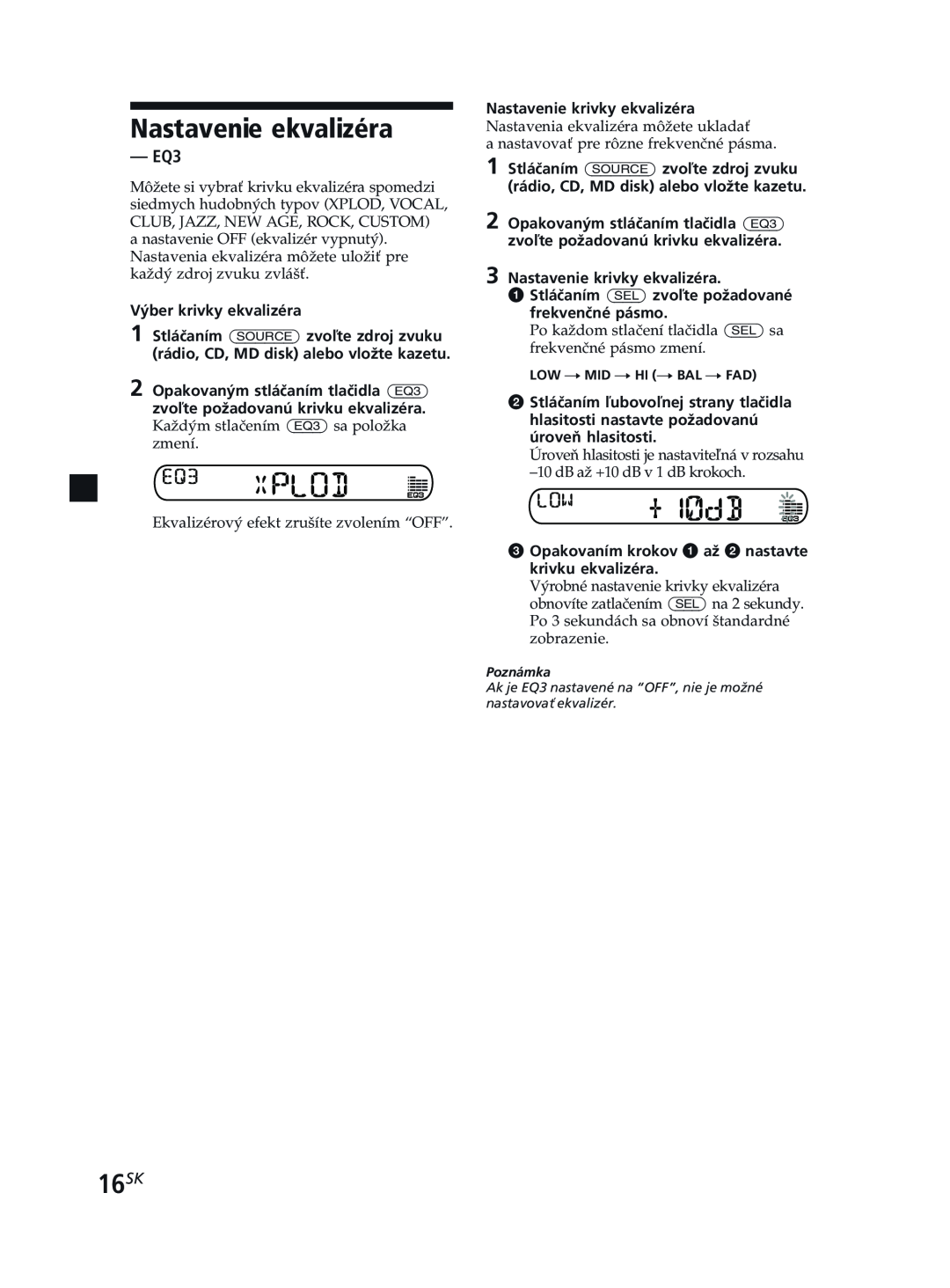 Sony XR-CA370X manual Nastavenie ekvalizéra, 16SK, EQ3 