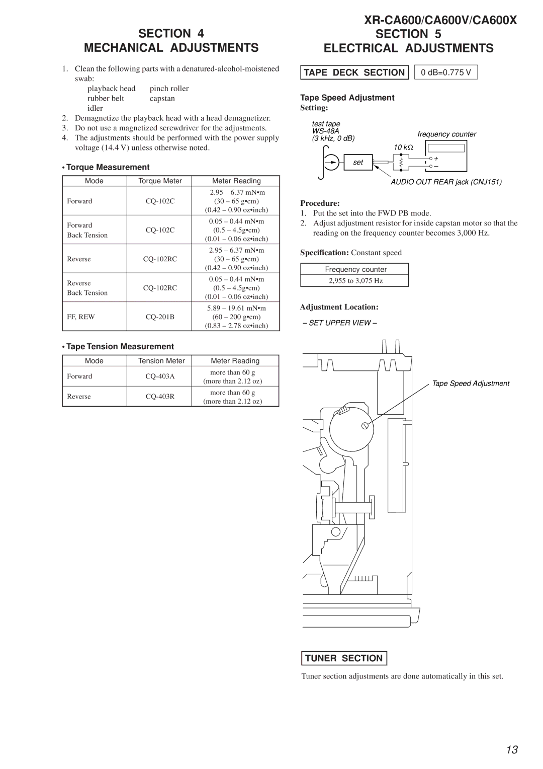 Sony XR-CA600X Section Mechanical Adjustments, Section Electrical Adjustments, Tape Deck Section, Tuner Section 