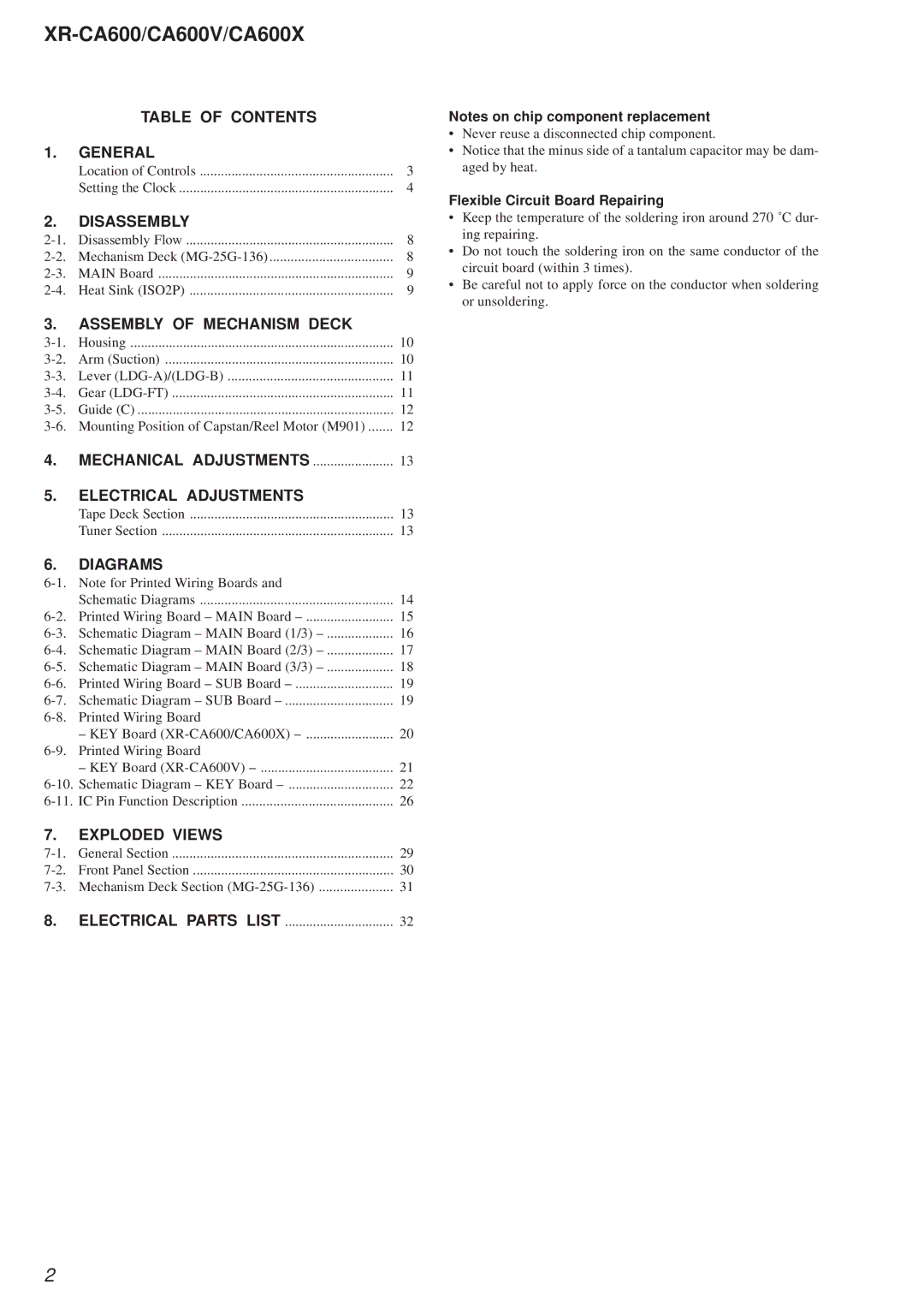 Sony XR-CA600V, XR-CA600X Table of Contents General, Disassembly, Assembly of Mechanism Deck, Diagrams, Exploded Views 