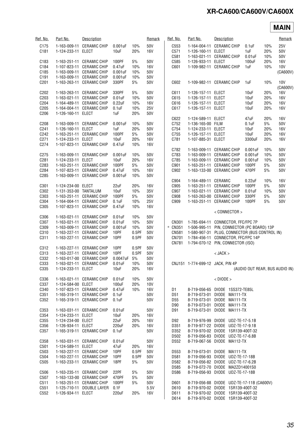 Sony XR-CA600V, XR-CA600X service manual Elect, Tantalum, Double Layer, Audio OUT REAR, BUS Audio Diode 