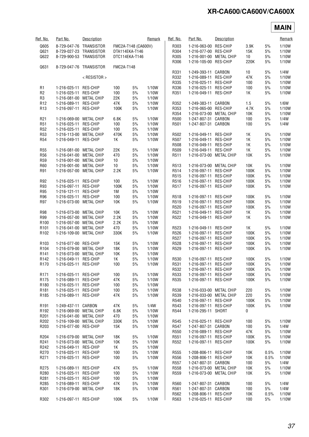 Sony XR-CA600X, XR-CA600V service manual Q605 Transistor FMC2A-T148 CA600V Q621 