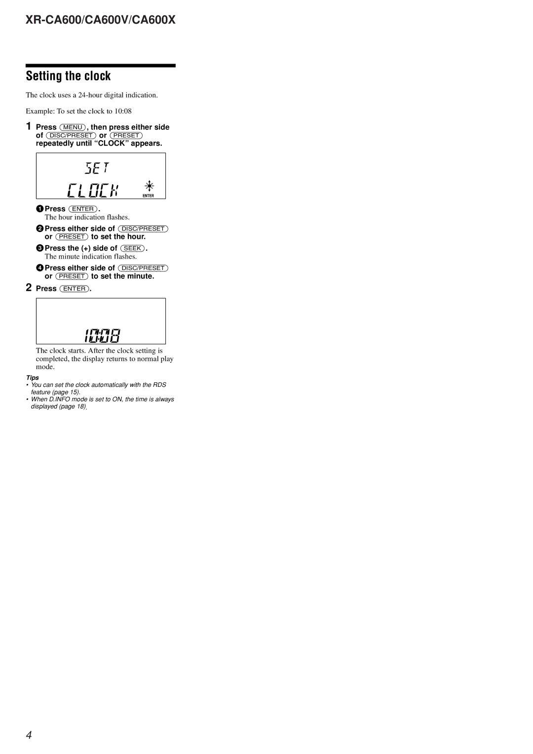 Sony XR-CA600X, XR-CA600V service manual Setting the clock 