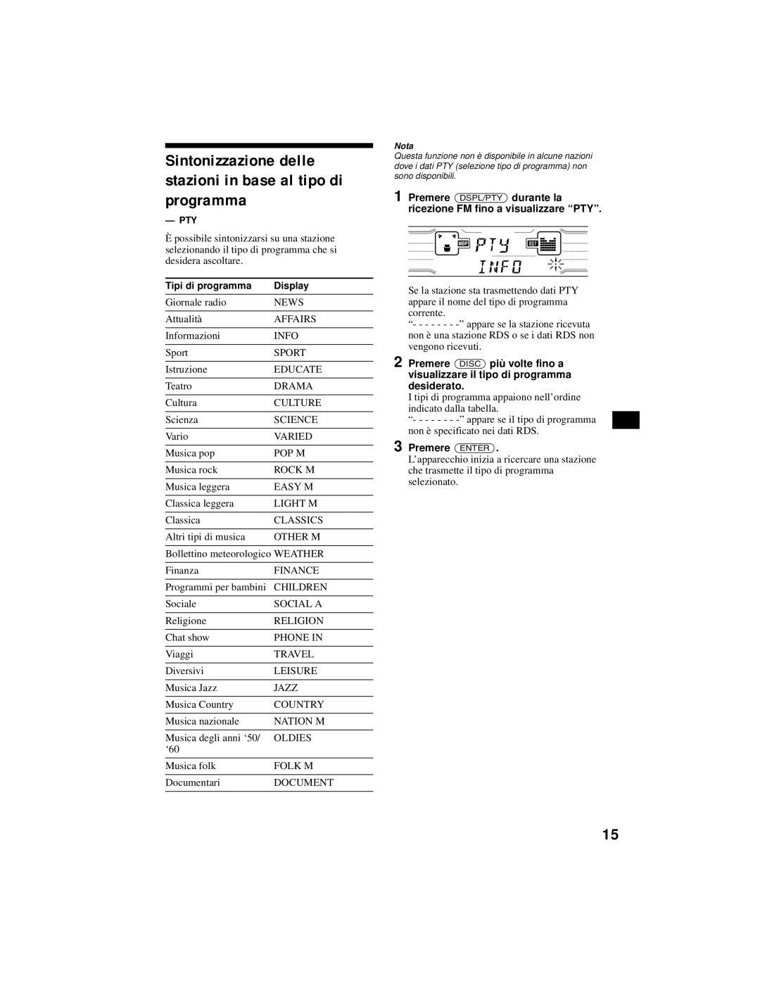 Sony XR-CA800 operating instructions Sintonizzazione delle stazioni in base al tipo di programma, Tipi di programma Display 