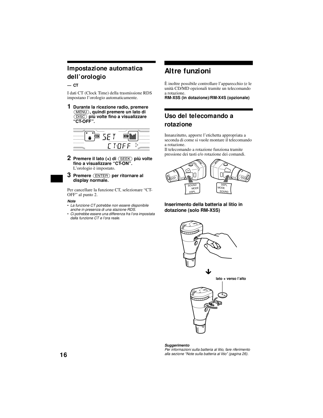 Sony XR-CA800 operating instructions Altre funzioni, Impostazione automatica dell’orologio, Uso del telecomando a rotazione 