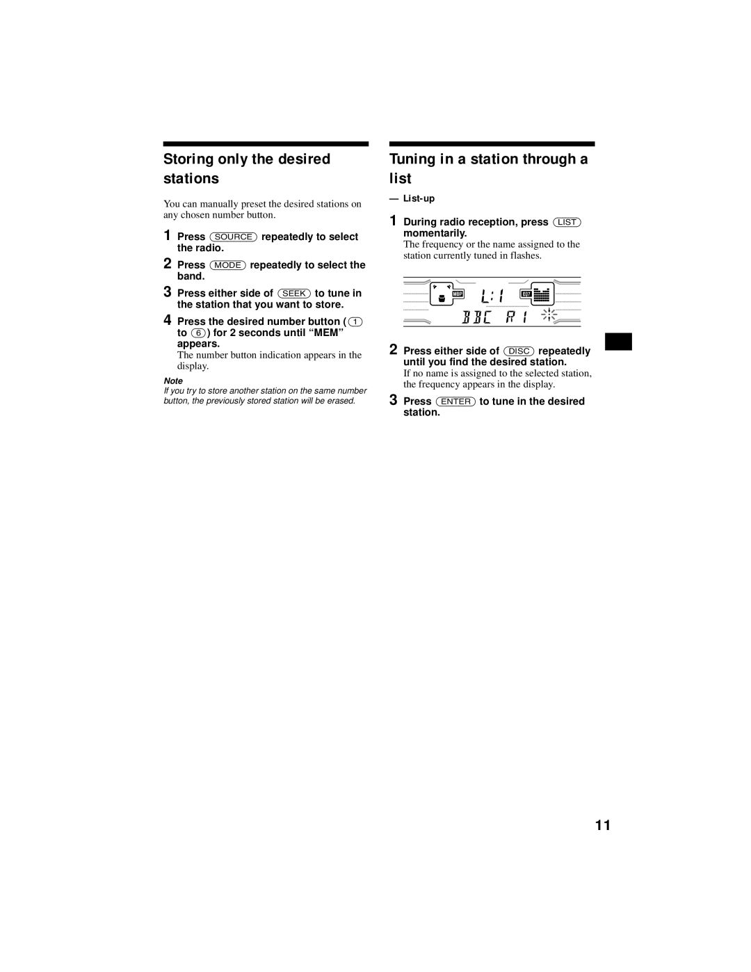 Sony XR-CA800 operating instructions Storing only the desired stations, Tuning in a station through a list, List-up 