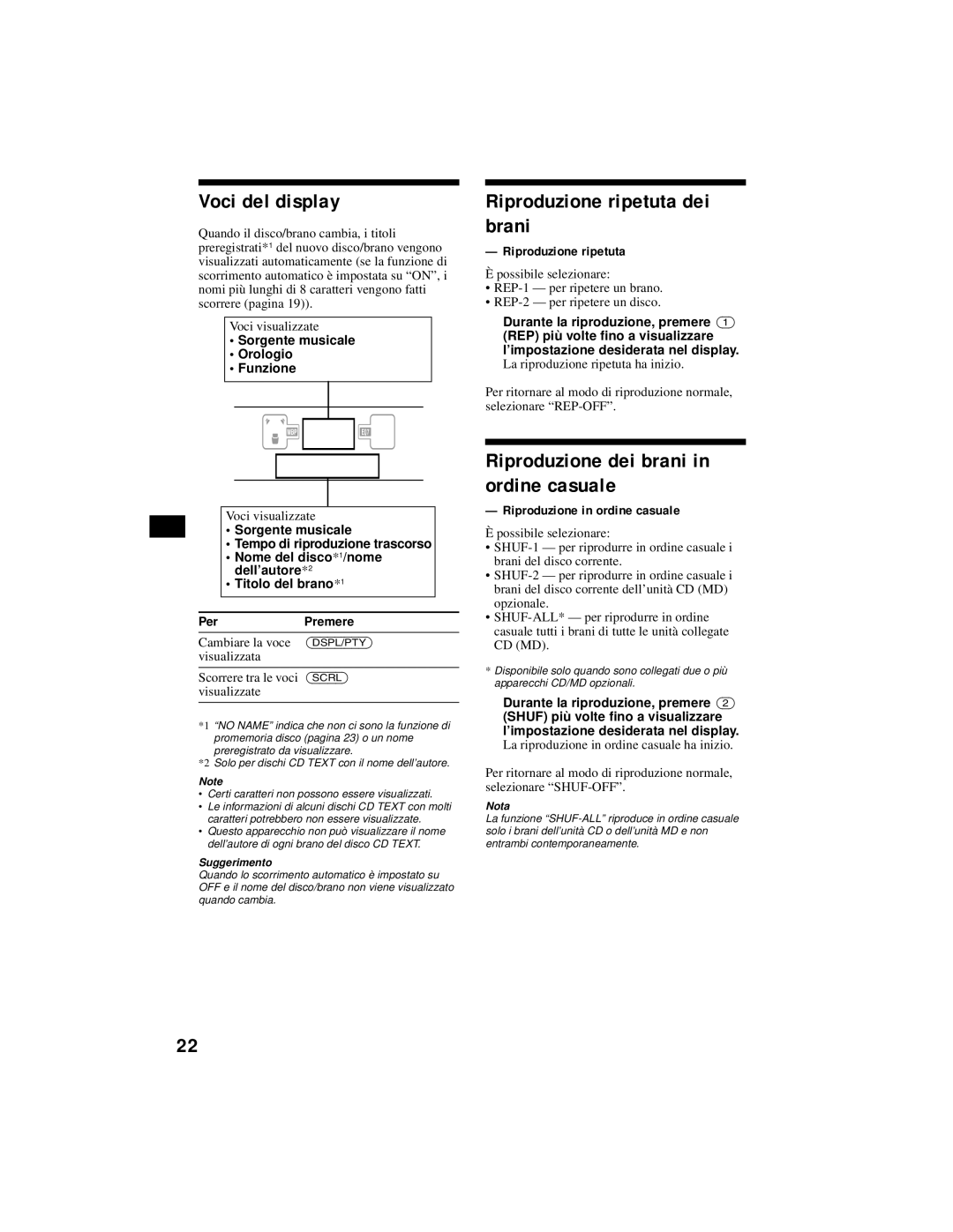 Sony XR-CA800 operating instructions Voci del display, Riproduzione ripetuta dei brani, Riproduzione in ordine casuale 