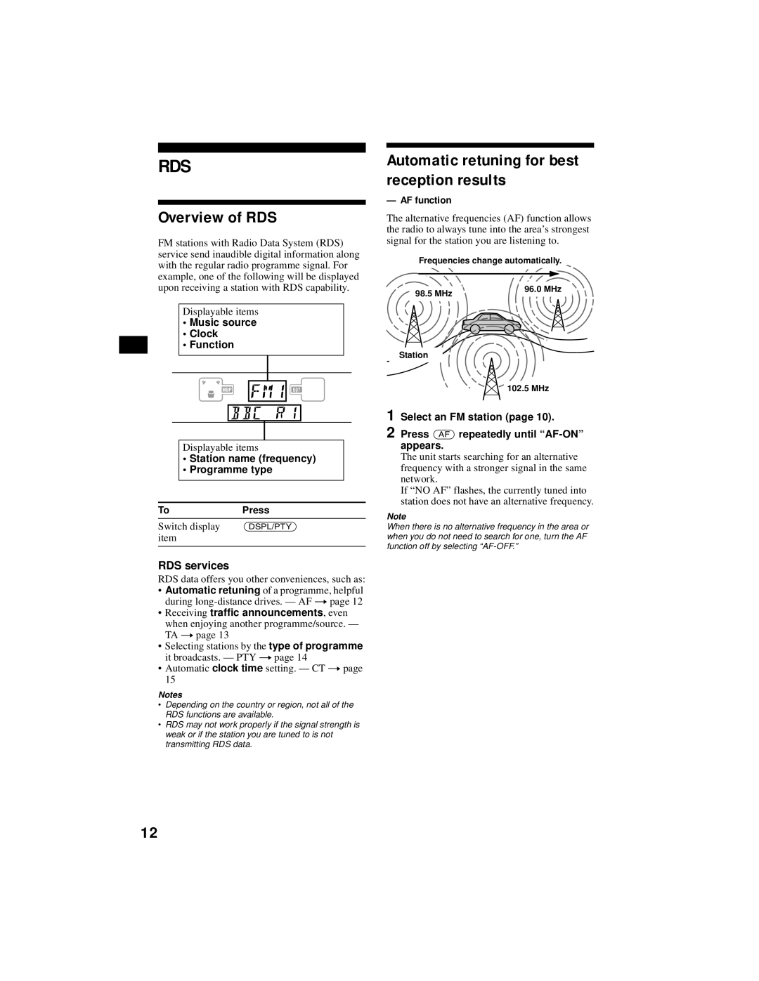 Sony XR-CA800 Overview of RDS, Automatic retuning for best reception results, RDS services, AF function 