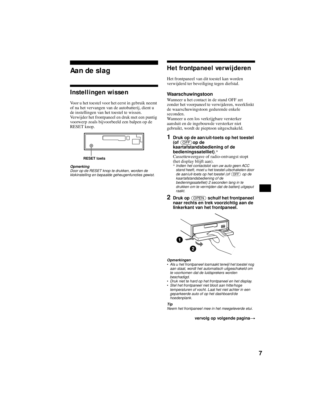 Sony XR-CA800 operating instructions Aan de slag, Instellingen wissen, Het frontpaneel verwijderen, Waarschuwingstoon 