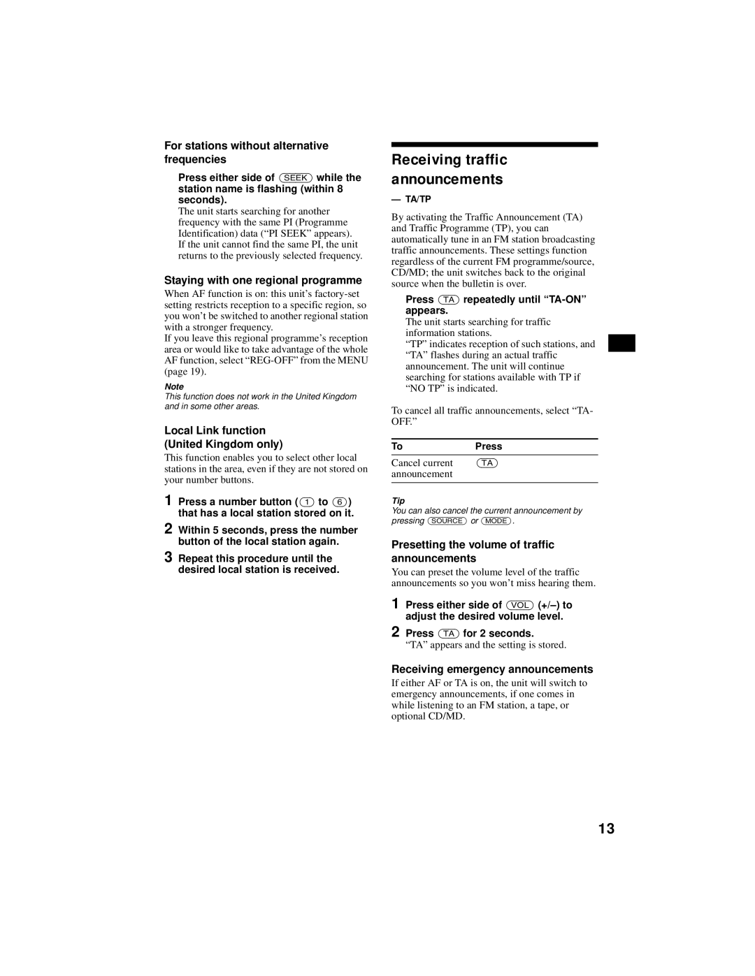 Sony XR-CA800 operating instructions Receiving traffic announcements 