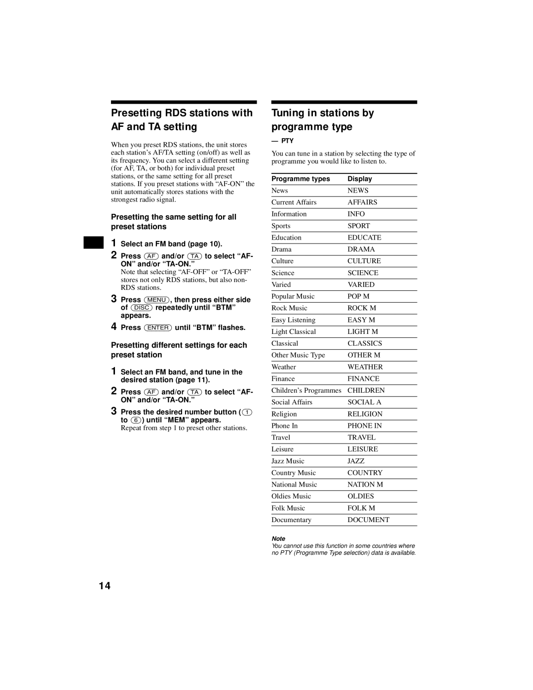 Sony XR-CA800 operating instructions Presetting RDS stations with AF and TA setting, Tuning in stations by programme type 