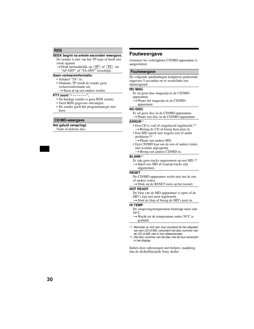 Sony XR-CA800 operating instructions Foutweergave, CD/MD-weergave 