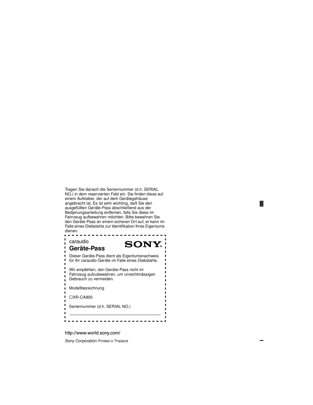 Sony XR-CA800 operating instructions Gerä te-Pass 