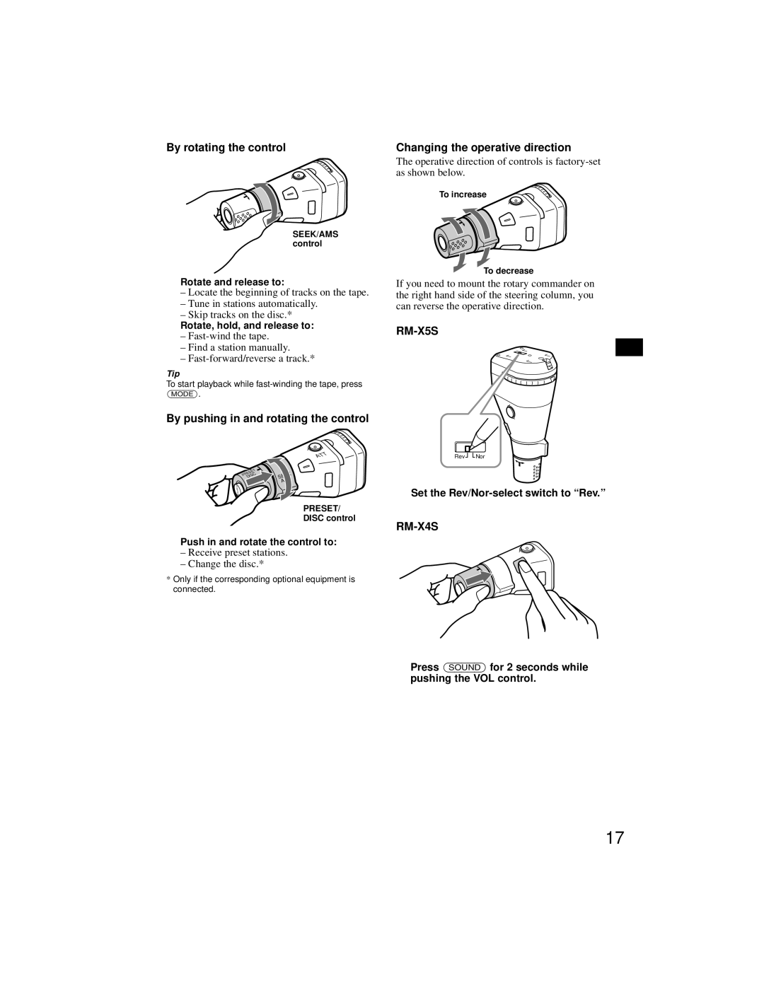 Sony XR-CA800 By rotating the control, By pushing in and rotating the control, Changing the operative direction 