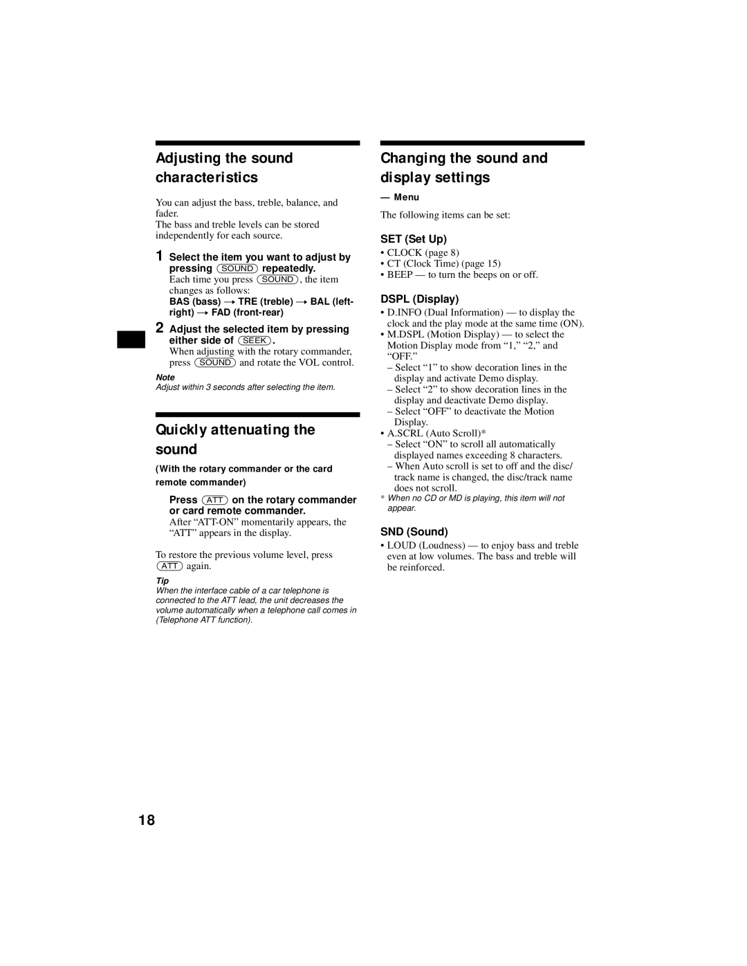 Sony XR-CA800 operating instructions Quickly attenuating the sound, Adjusting the sound characteristics 