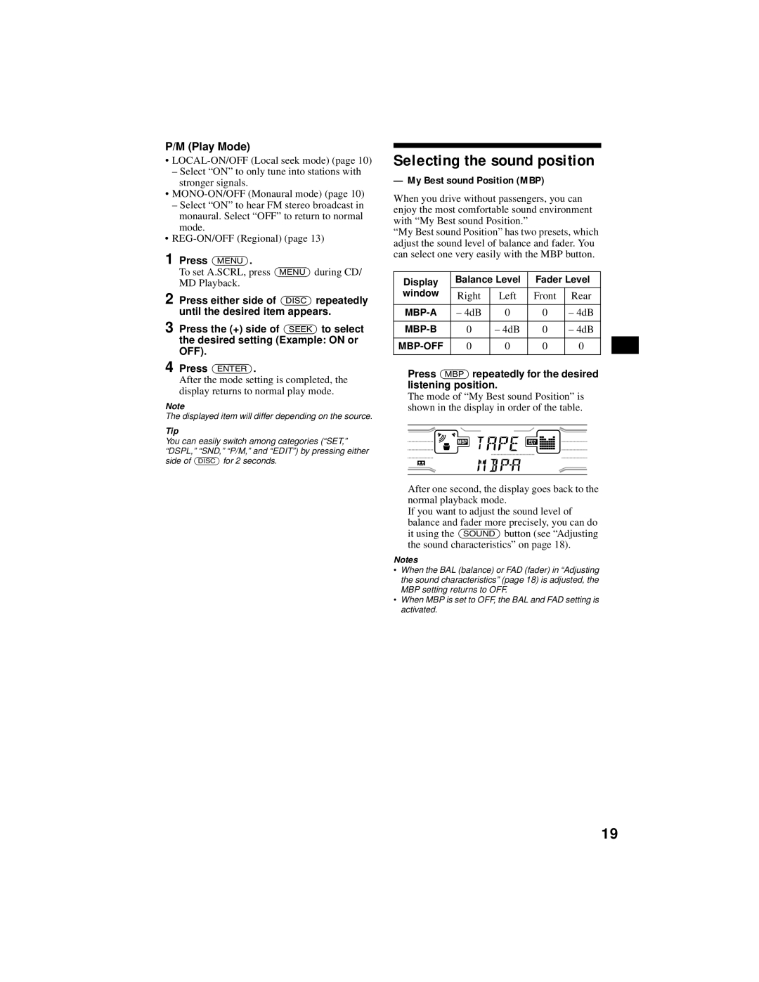 Sony XR-CA800 operating instructions Selecting the sound position, Play Mode, My Best sound Position MBP 