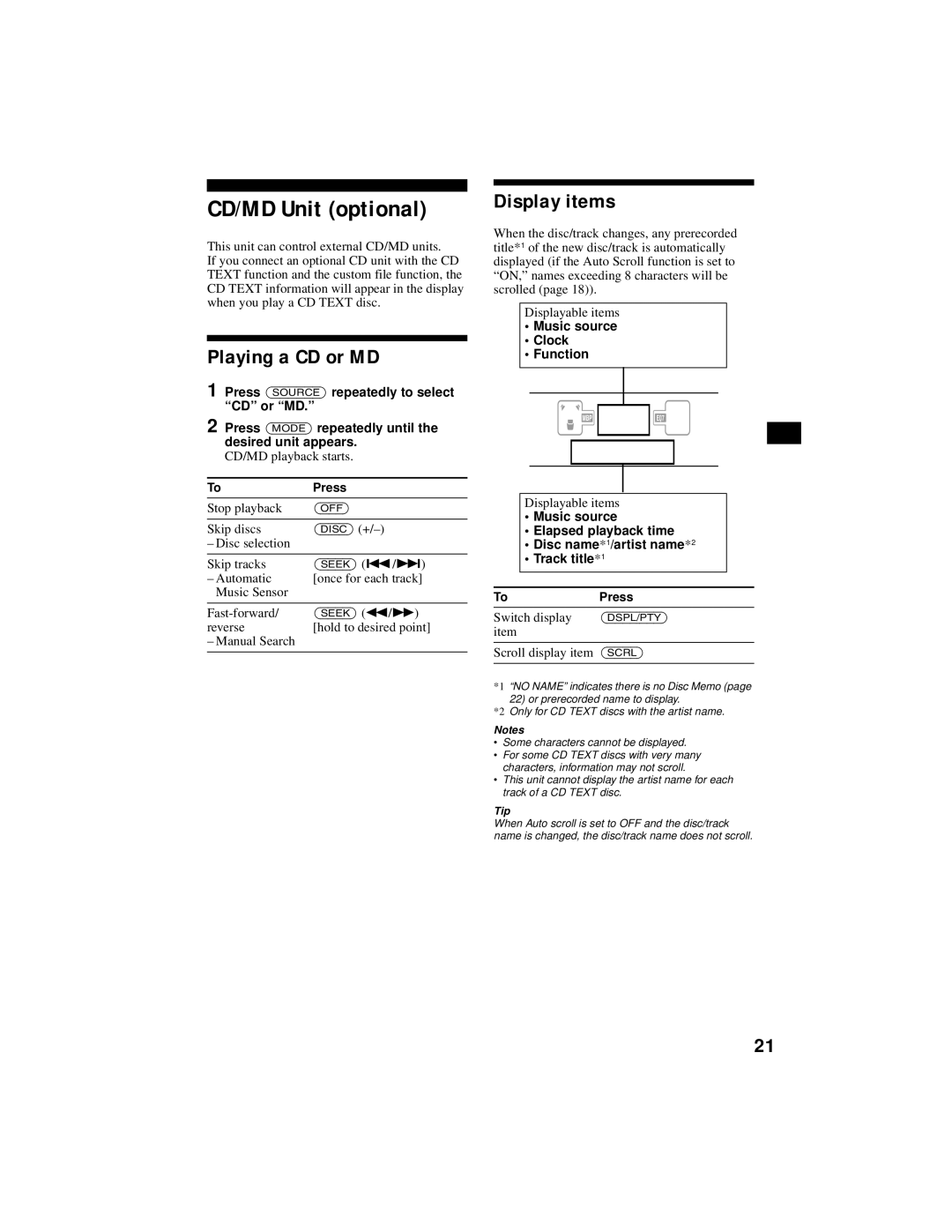 Sony XR-CA800 CD/MD Unit optional, Playing a CD or MD Display items, CD/MD playback starts, Scroll display item 