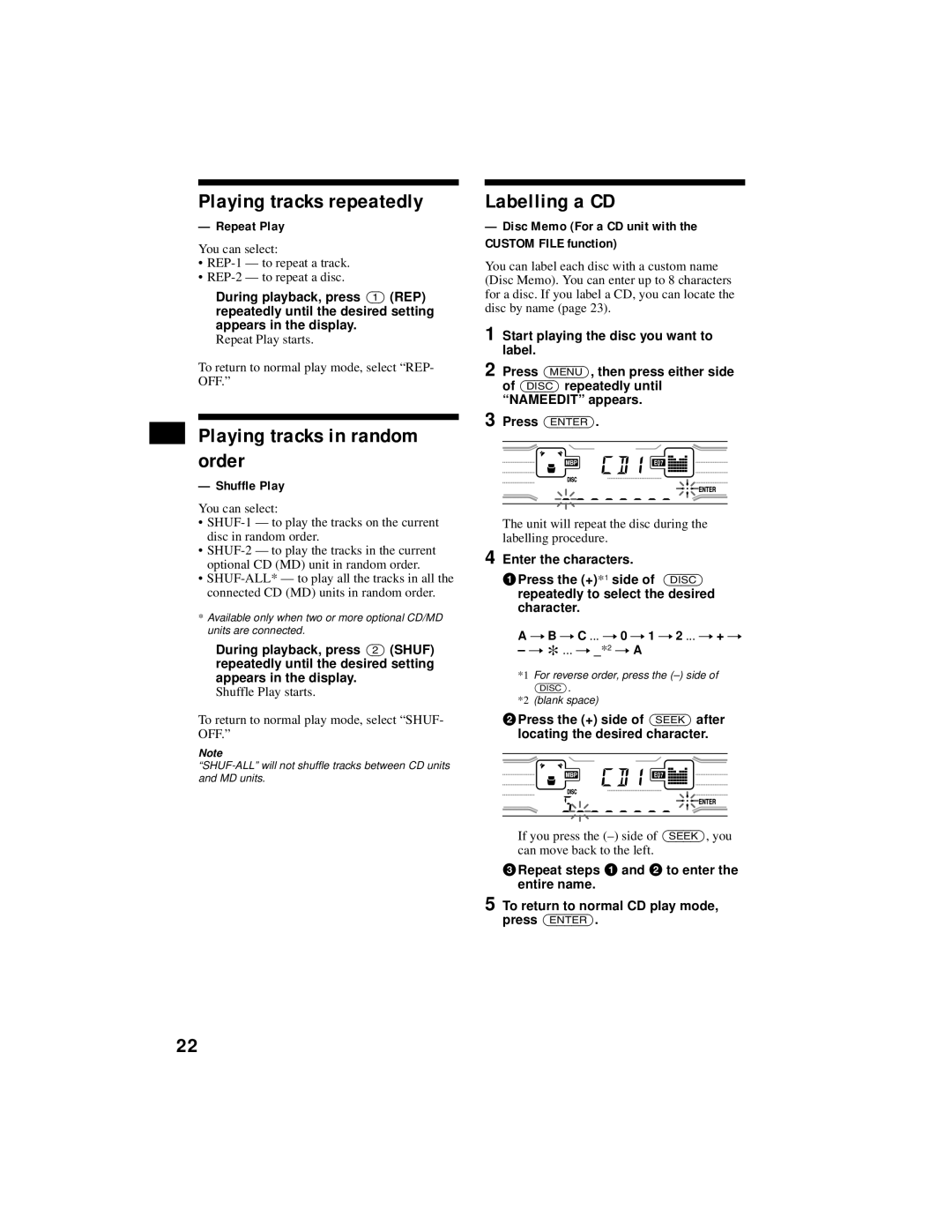 Sony XR-CA800 Playing tracks repeatedly, Playing tracks in random order, Labelling a CD, Shuffle Play 