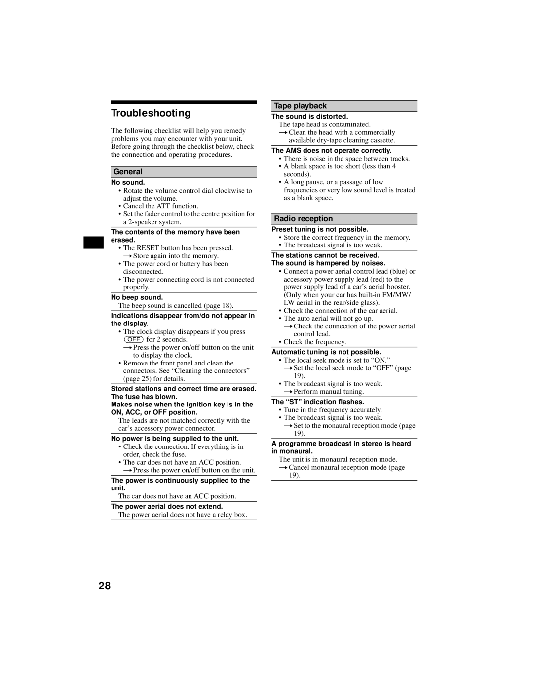 Sony XR-CA800 operating instructions Troubleshooting, Tape playback, Radio reception 