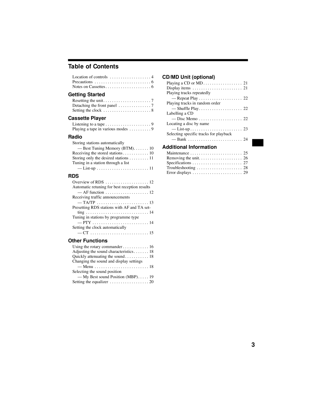 Sony XR-CA800 operating instructions Table of Contents 