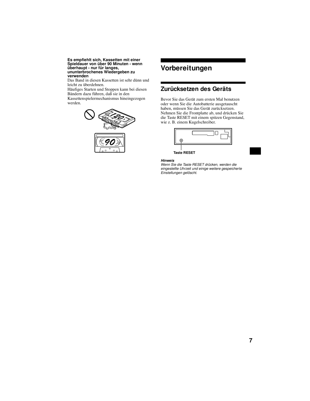 Sony XR-CA800 operating instructions Vorbereitungen, Zurücksetzen des Geräts 