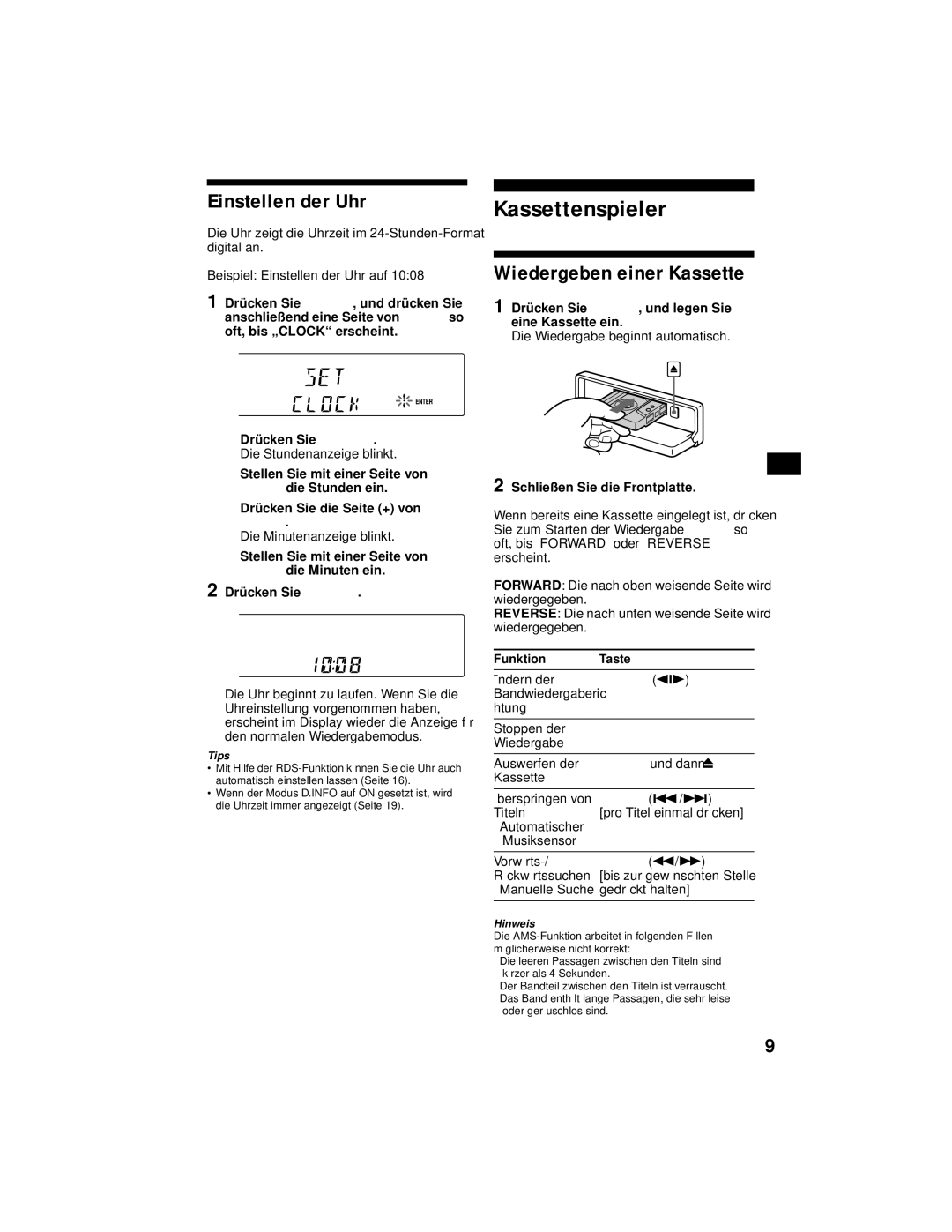 Sony XR-CA800 operating instructions Kassettenspieler, Einstellen der Uhr, Wiedergeben einer Kassette 