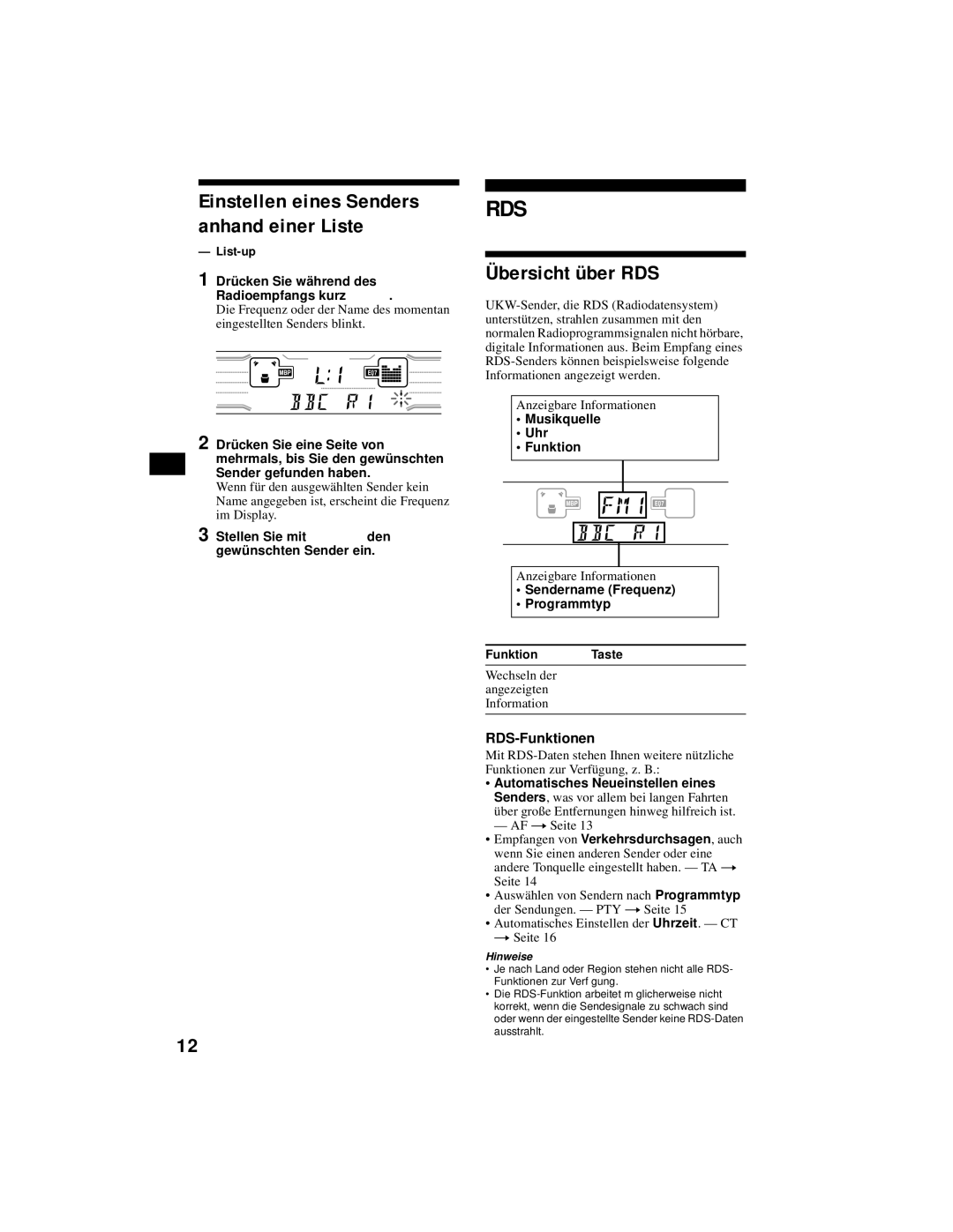 Sony XR-CA800 operating instructions Übersicht über RDS, Einstellen eines Senders anhand einer Liste, RDS-Funktionen 