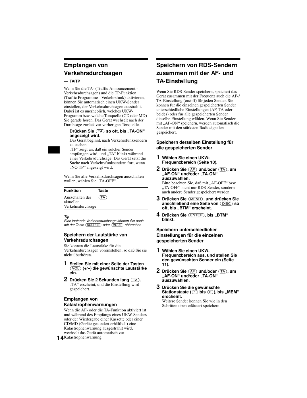 Sony XR-CA800 operating instructions Empfangen von Verkehrsdurchsagen, Speichern der Lautstä rke von Verkehrsdurchsagen 