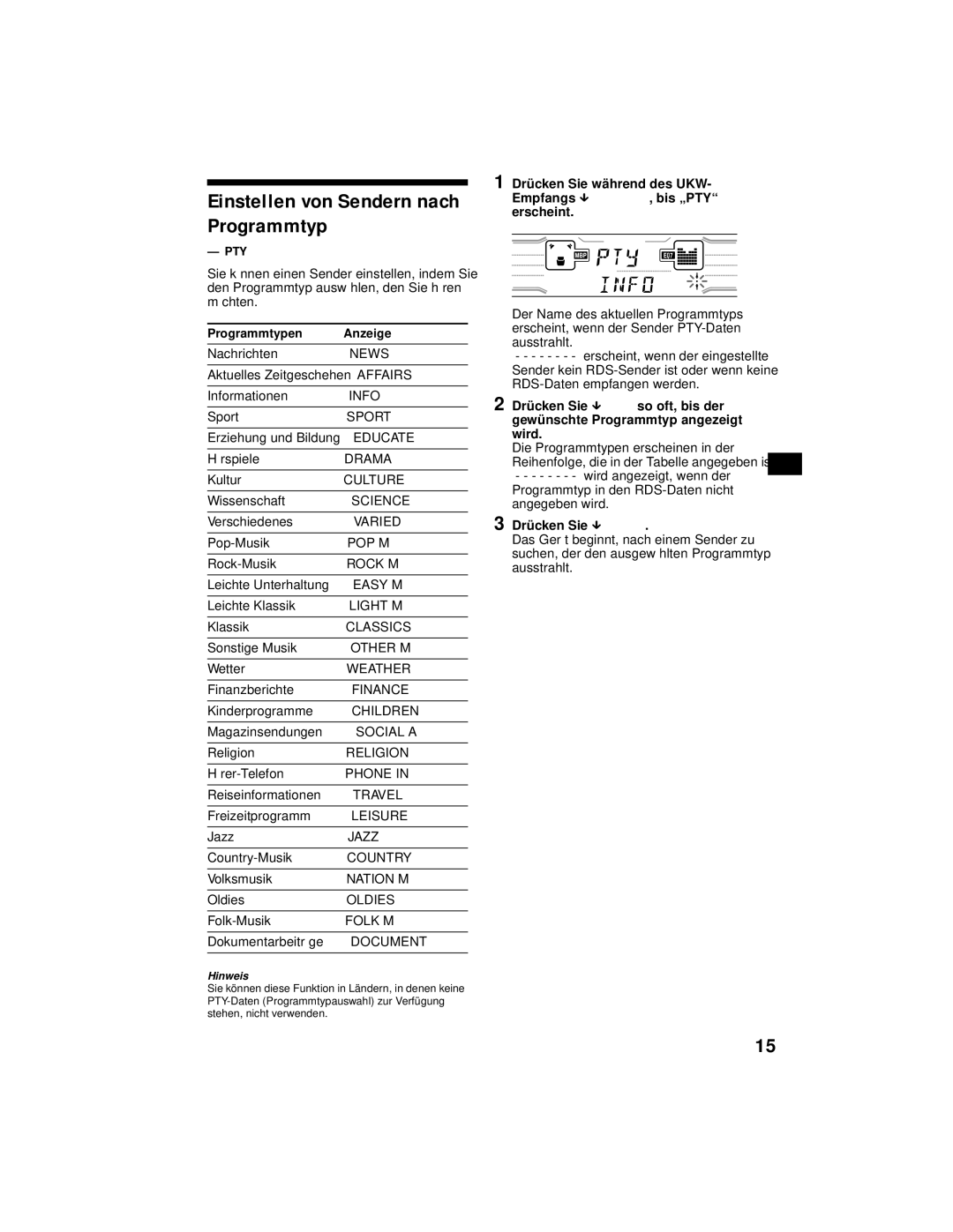 Sony XR-CA800 operating instructions Einstellen von Sendern nach Programmtyp, Programmtypen Anzeige 