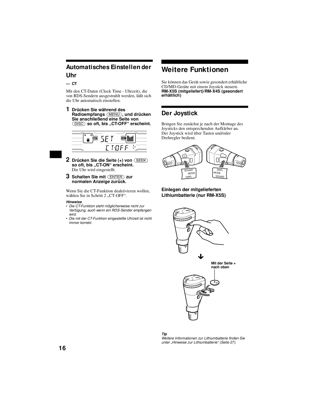 Sony XR-CA800 operating instructions Weitere Funktionen, Automatisches Einstellen der Uhr, Der Joystick 